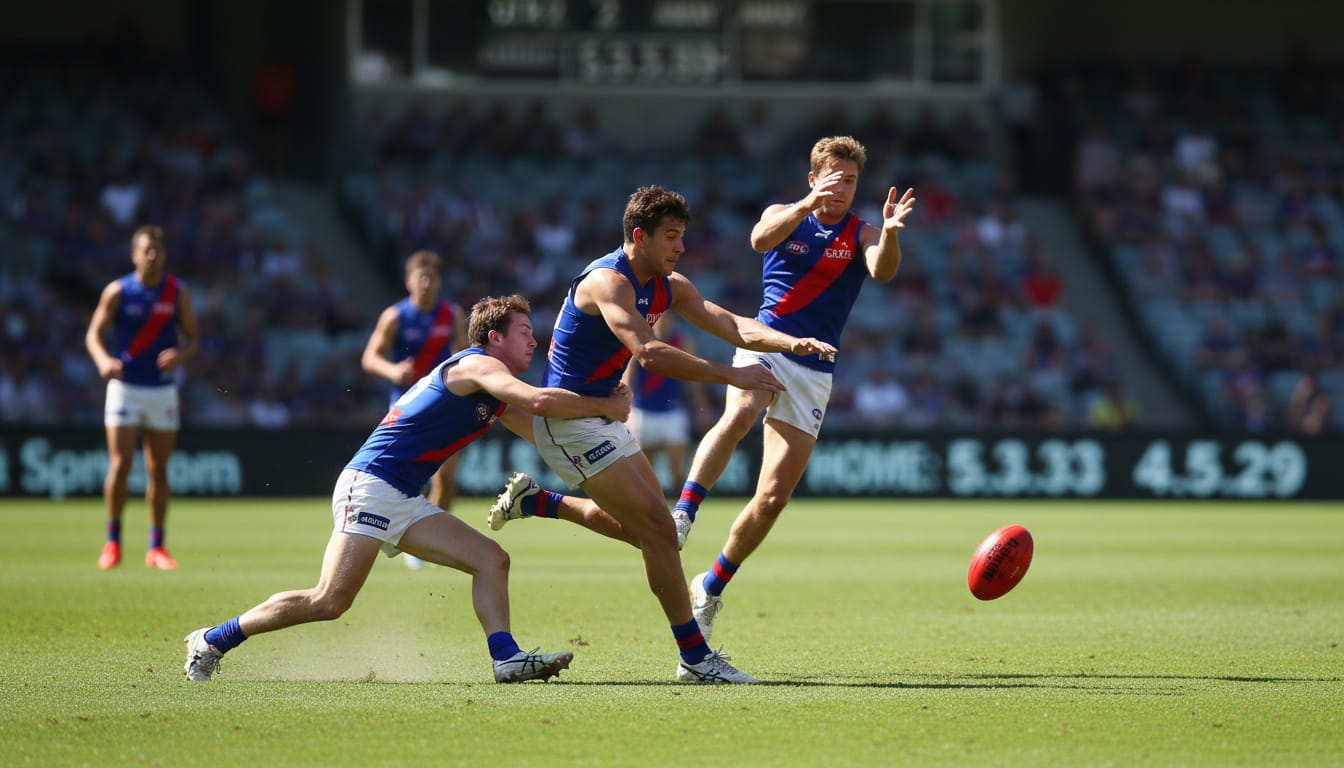 AFL players contesting the ball on a sunlit ground