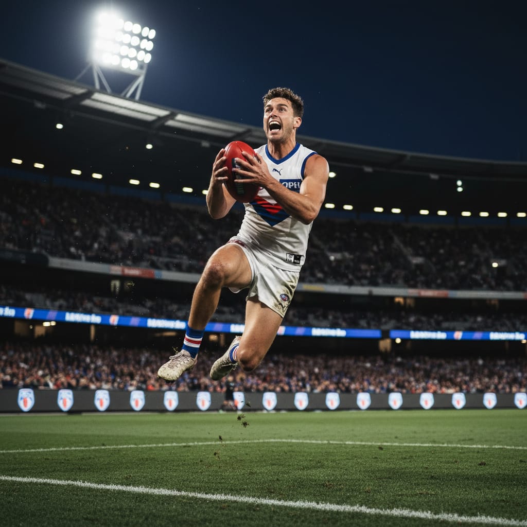 AFL player marking the ball under stadium floodlights