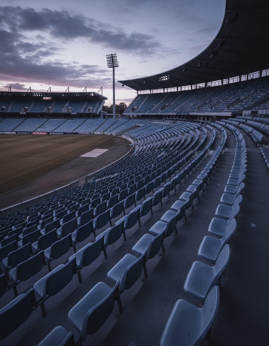 Empty stadium seating at dusk