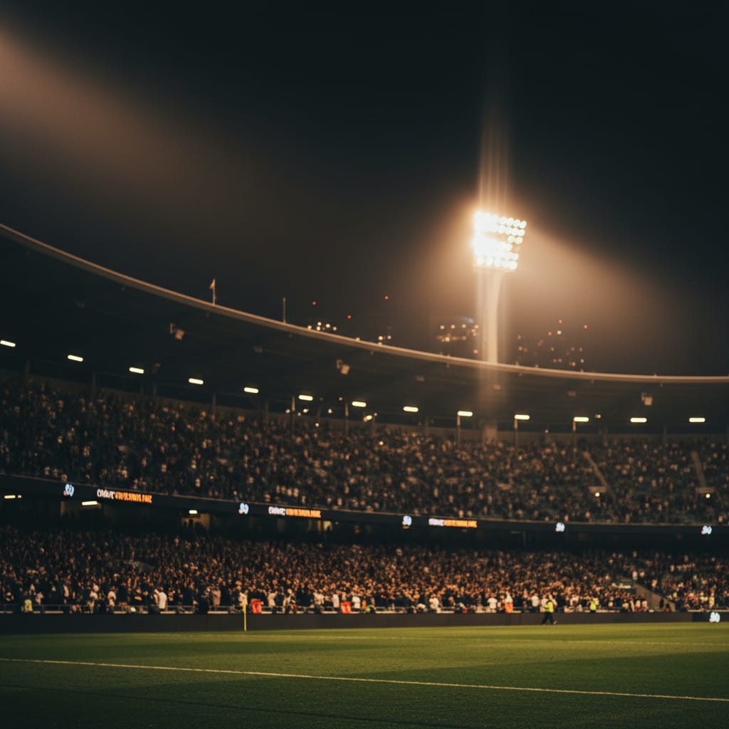 Floodlit stadium packed with spectators at night