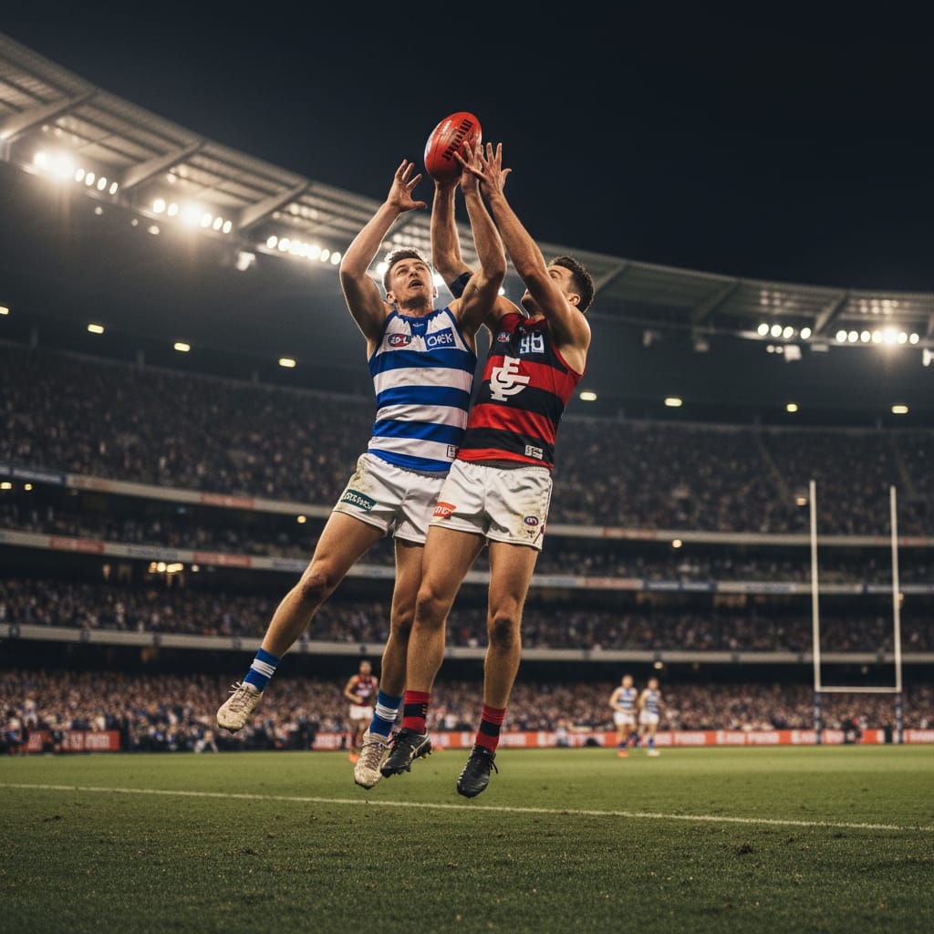 AFL players contesting a mark at a night match
